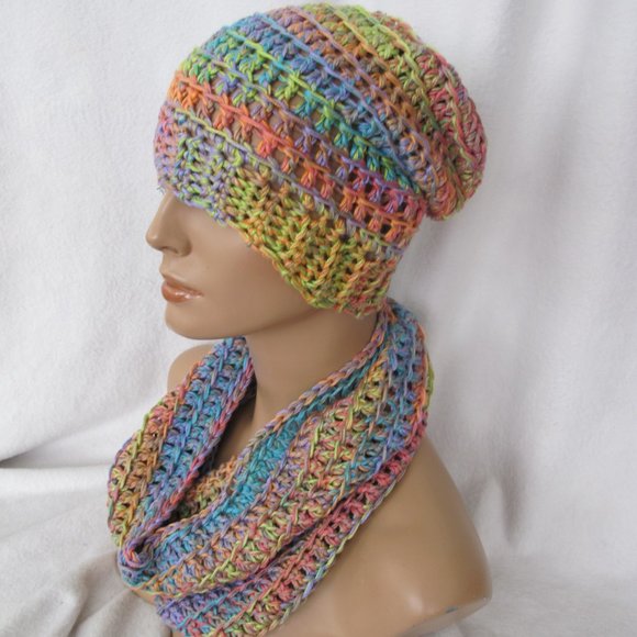 New Handmade Colorful Pastels Slouch Hat and Cowl Set - Picture 2 of 11